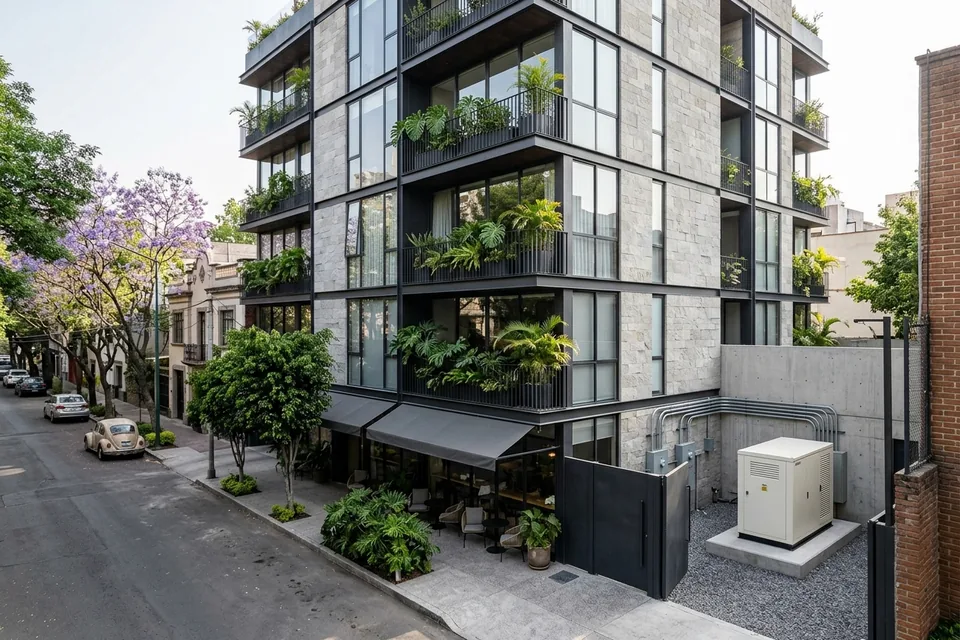Imagen generada con IA para preservar la confidencialidad de la instalación: hotel urbano, Ciudad de México